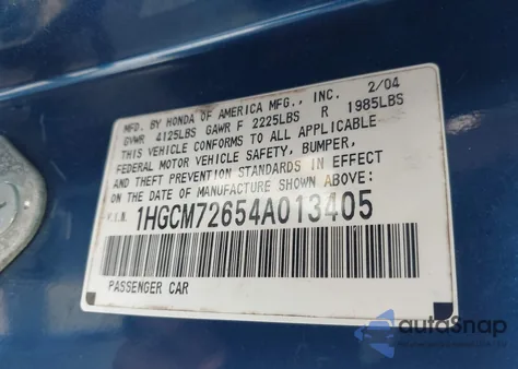 2004 Honda Accord 2.4 Ex z USA, uszkodzony, nr VIN 1HGCM72654A013405